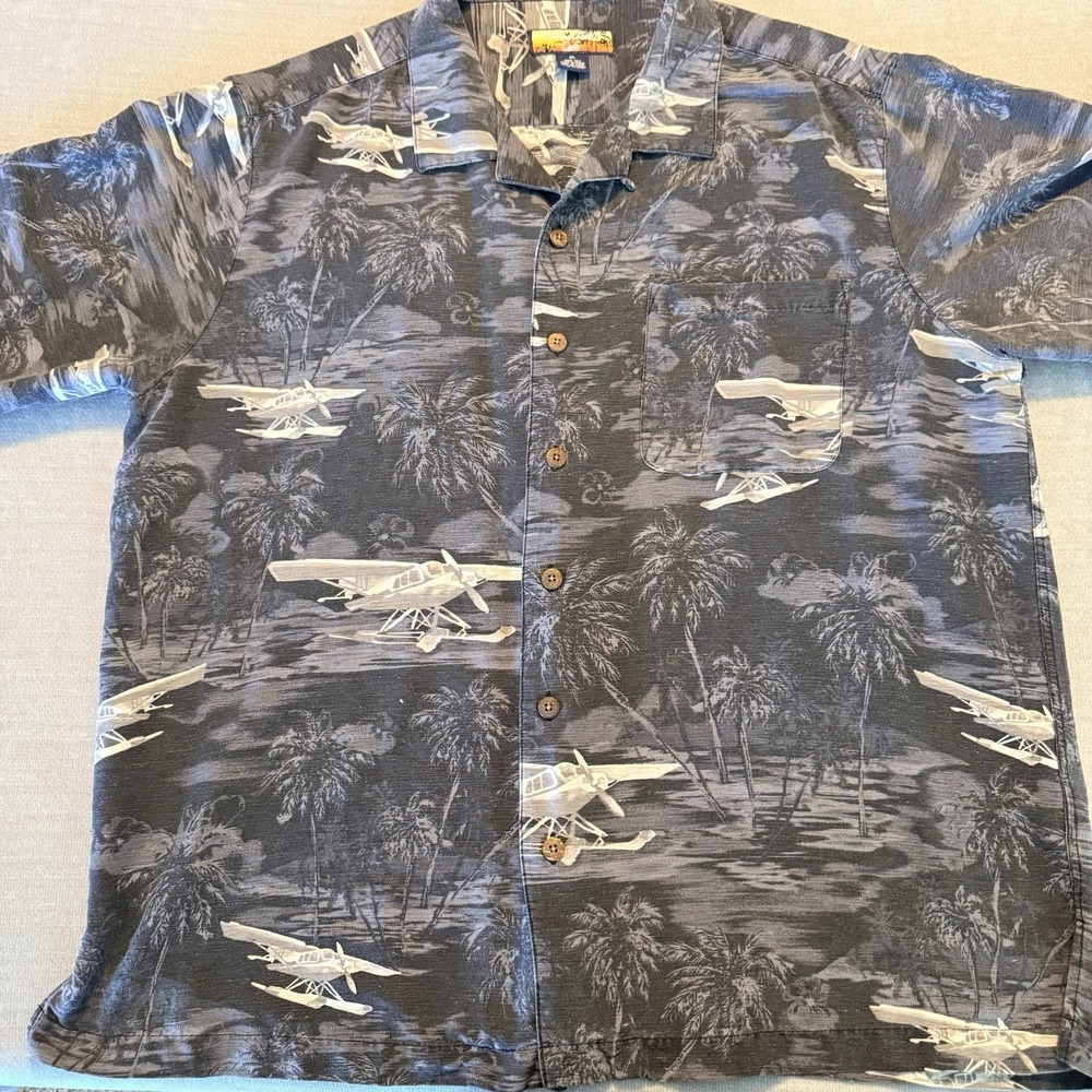 Havana Jacks Cafe Mens XL 100% Silk Hawaiian Shirt Seaplane Airplane Aloha Black